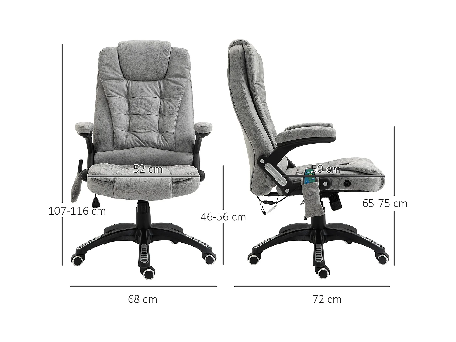 Fauteuil de bureau ergonomique avec massage et chauffage, réglable en hauteur, 6 points de massage, gris, 68x72x110-120 cm