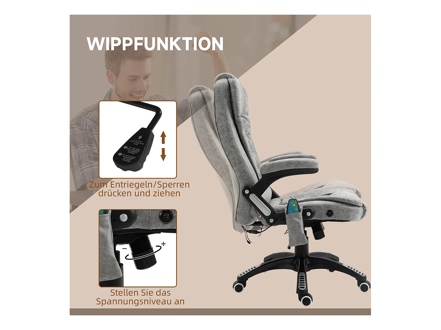Fauteuil de bureau ergonomique avec massage et chauffage, réglable en hauteur, 6 points de massage, gris, 68x72x110-120 cm