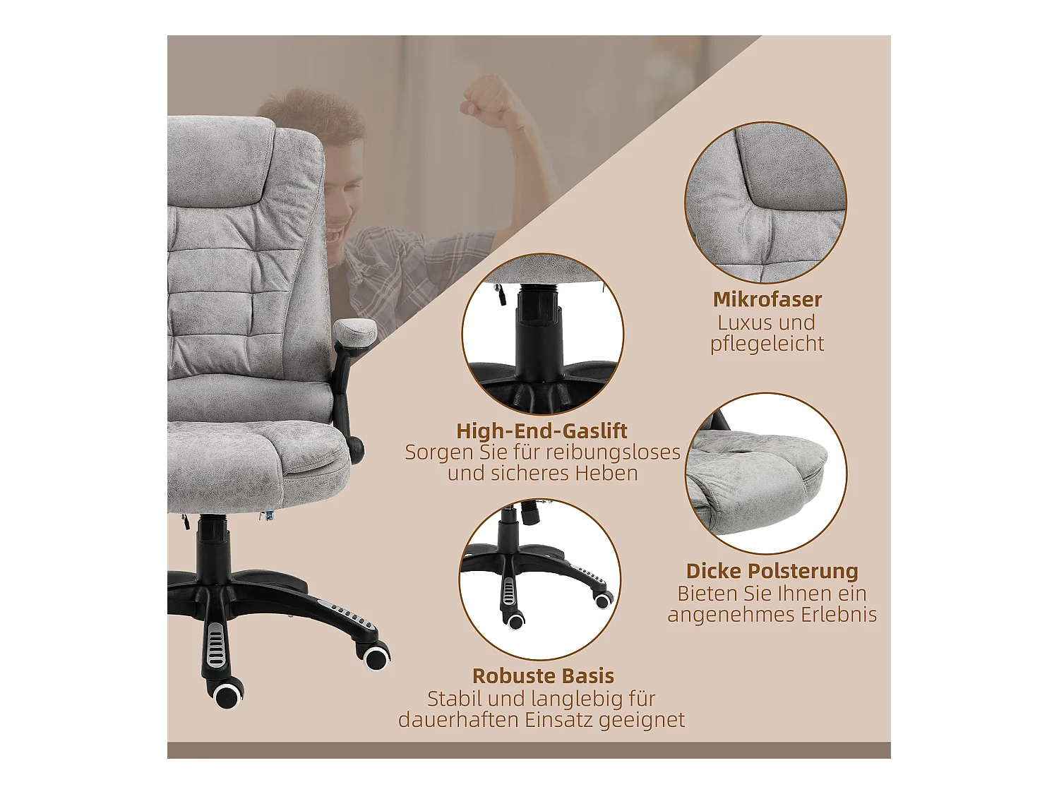 Fauteuil de bureau ergonomique avec massage et chauffage, réglable en hauteur, 6 points de massage, gris, 68x72x110-120 cm