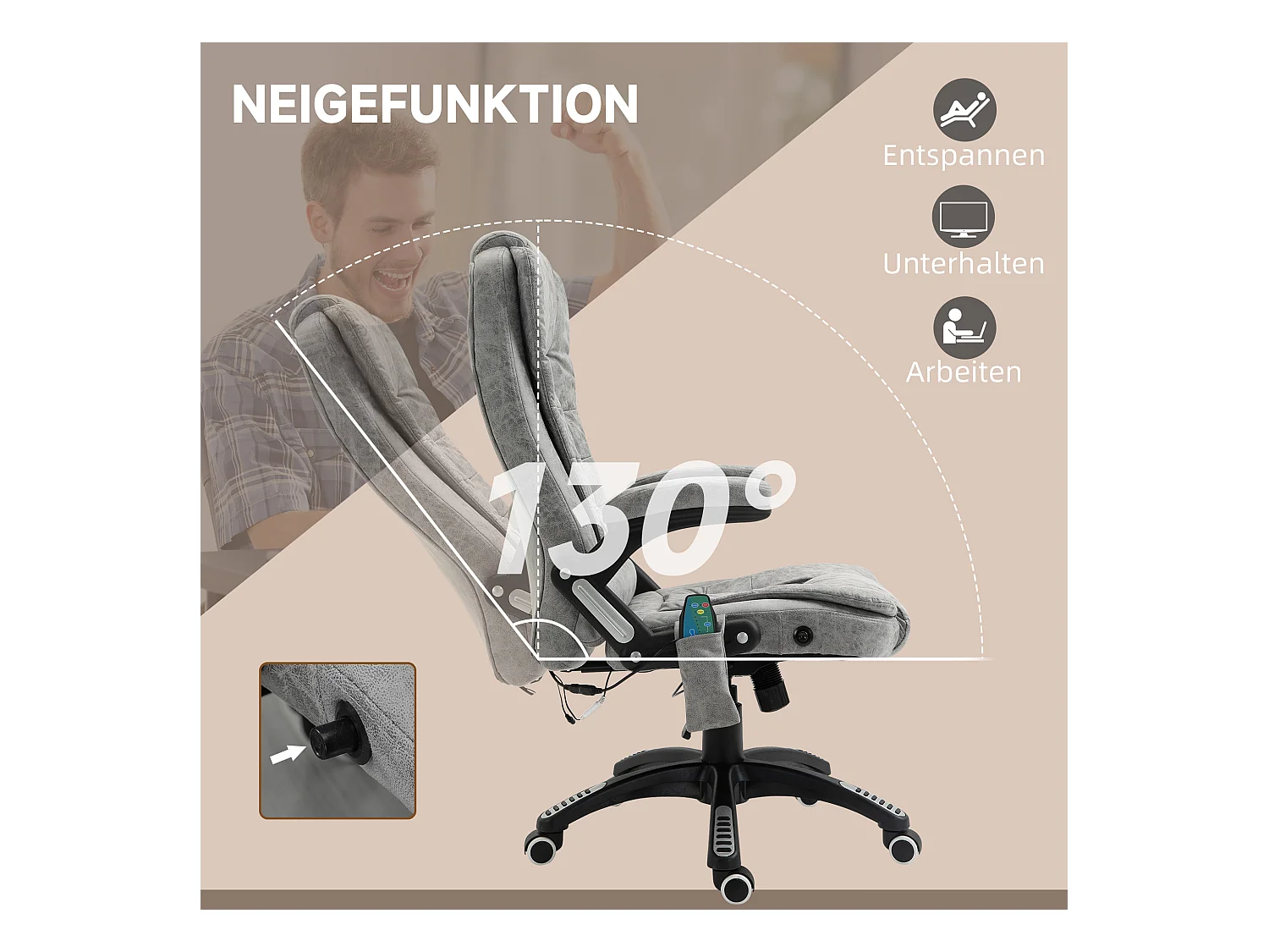 Fauteuil de bureau ergonomique avec massage et chauffage, réglable en hauteur, 6 points de massage, gris, 68x72x110-120 cm