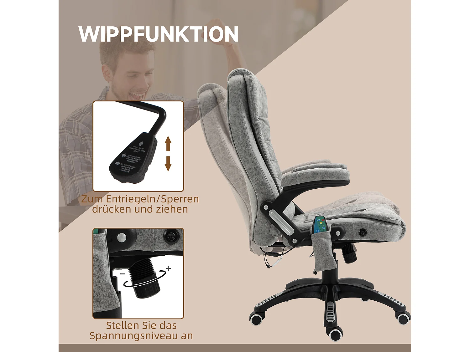 Fauteuil de bureau ergonomique avec massage et chauffage, réglable en hauteur, 6 points de massage, gris, 68x72x110-120 cm