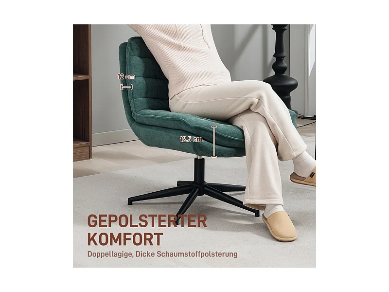 Fauteuil de bureau, large assise, réglable en hauteur, siège tailleur, double couche rembourrée, pivotant, lin vert, pour home office