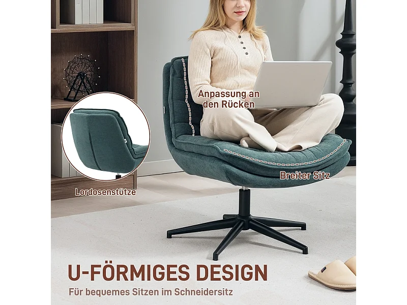 Fauteuil de bureau, large assise, réglable en hauteur, siège tailleur, double couche rembourrée, pivotant, lin vert, pour home office