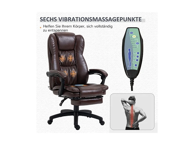 Chaise de bureau ergonomique réglable, avec repose-pieds et appui-tête, massage intégré, cuir synthétique, 68,5x68,5x113-121 cm, Marron