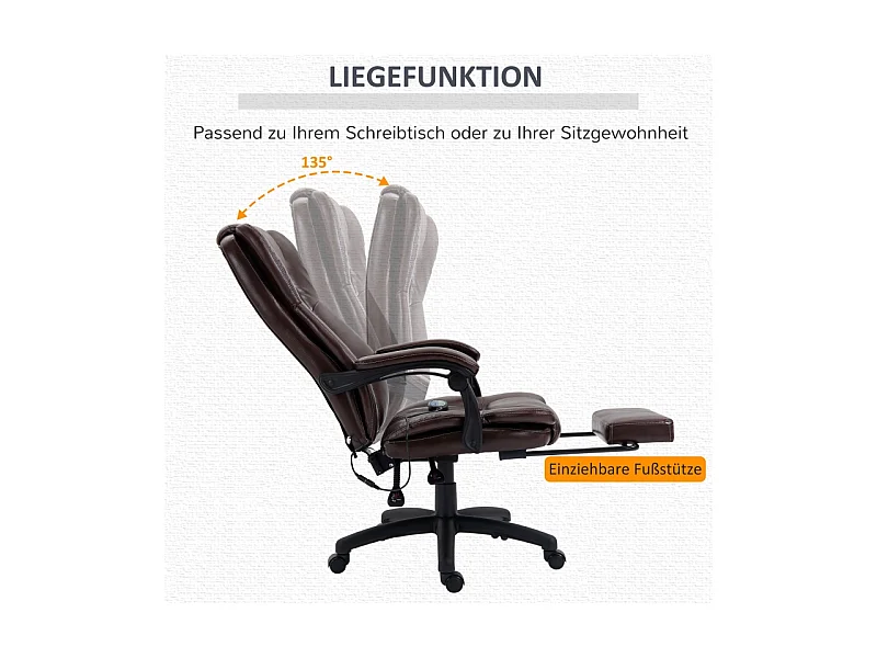 Chaise de bureau ergonomique réglable, avec repose-pieds et appui-tête, massage intégré, cuir synthétique, 68,5x68,5x113-121 cm, Marron