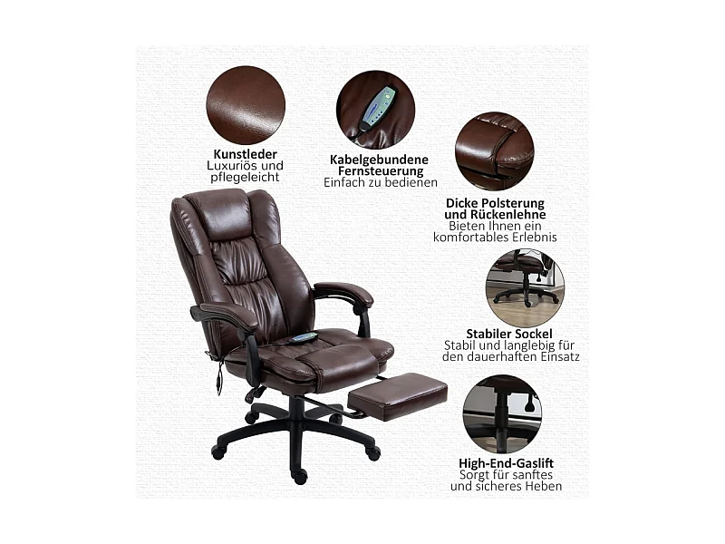 Chaise de bureau ergonomique réglable, avec repose-pieds et appui-tête, massage intégré, cuir synthétique, 68,5x68,5x113-121 cm, Marron