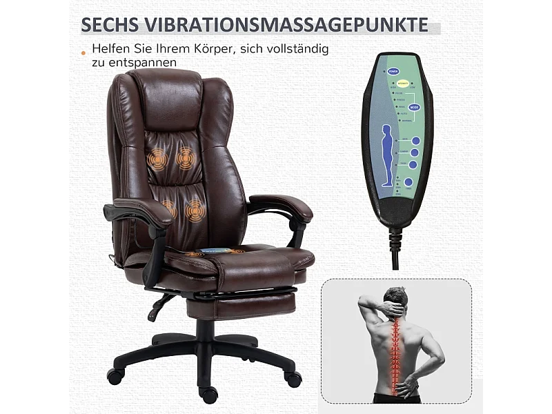Chaise de bureau ergonomique réglable, avec repose-pieds et appui-tête, massage intégré, cuir synthétique, 68,5x68,5x113-121 cm, Marron