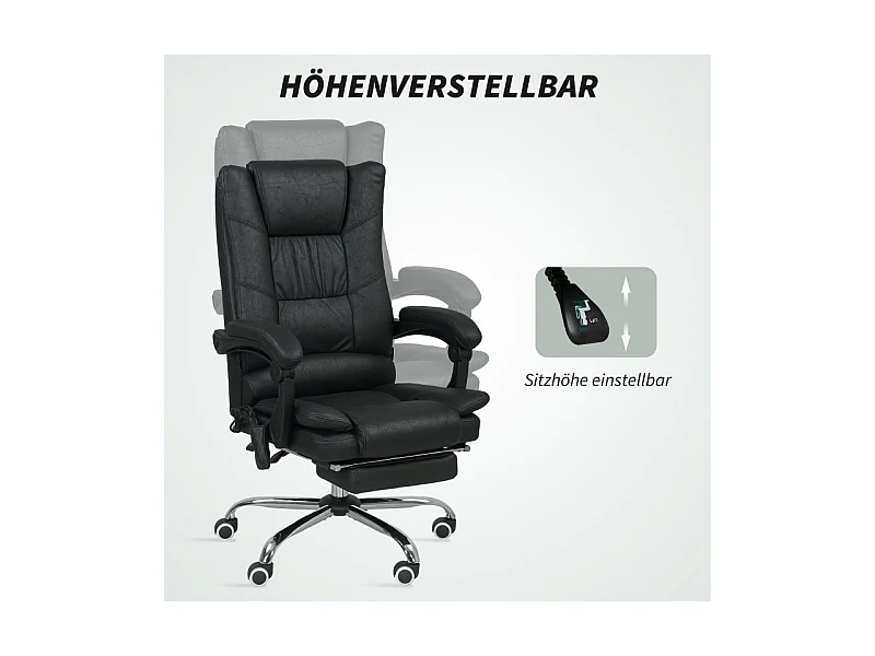 Fauteuil de bureau avec fonction massage, repose-pieds intégré, réglable en hauteur, siège ergonomique et confortable, noir