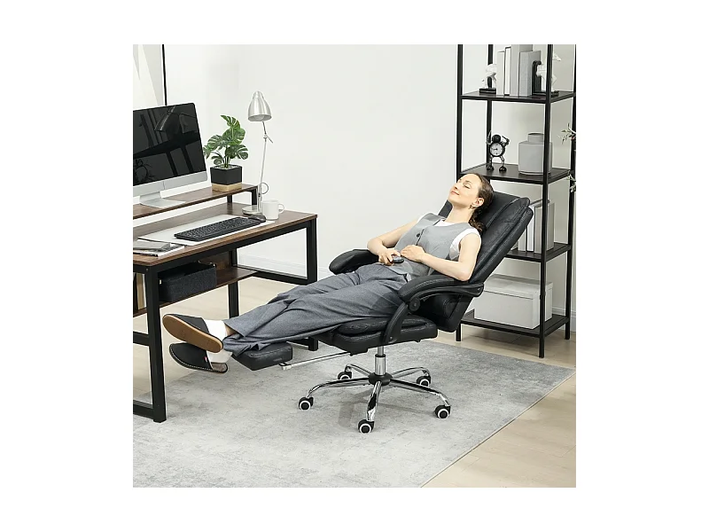 Fauteuil de bureau avec fonction massage, repose-pieds intégré, réglable en hauteur, siège ergonomique et confortable, noir