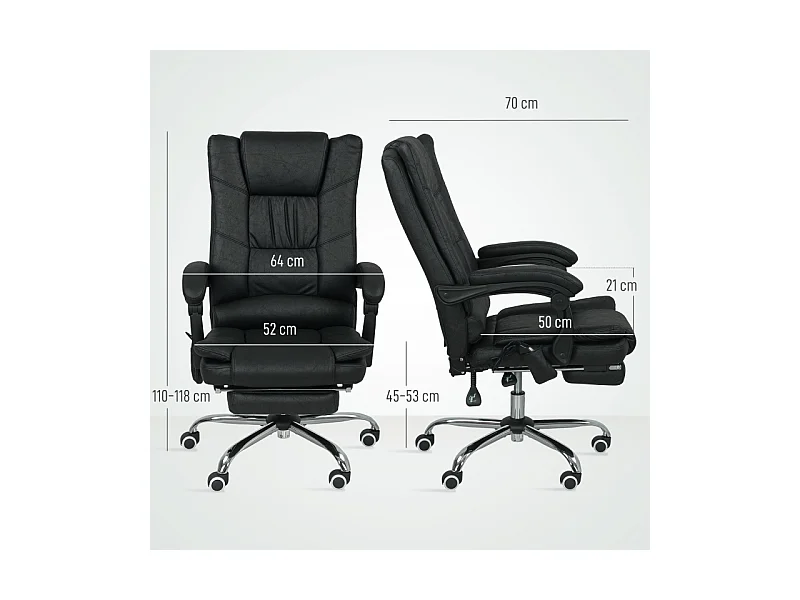 Fauteuil de bureau avec fonction massage, repose-pieds intégré, réglable en hauteur, siège ergonomique et confortable, noir