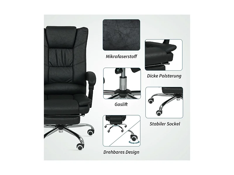 Fauteuil de bureau avec fonction massage, repose-pieds intégré, réglable en hauteur, siège ergonomique et confortable, noir
