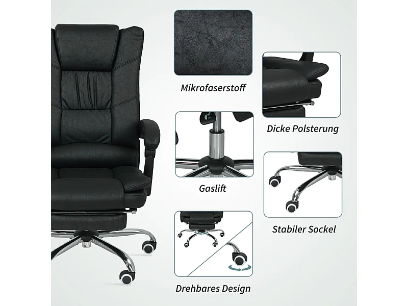 Fauteuil de bureau avec fonction massage, repose-pieds intégré, réglable en hauteur, siège ergonomique et confortable, noir