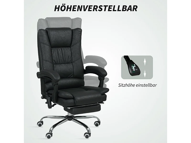 Fauteuil de bureau avec fonction massage, repose-pieds intégré, réglable en hauteur, siège ergonomique et confortable, noir