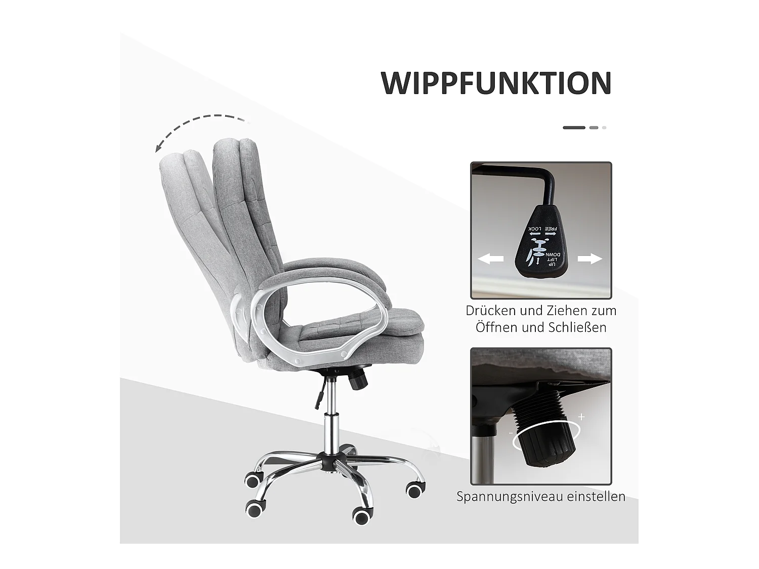 Fauteuil de bureau ergonomique, accoudoirs réglables, hauteur ajustable, fonction bascule, tissu lin gris, dimensions 64x75x111-121 cm