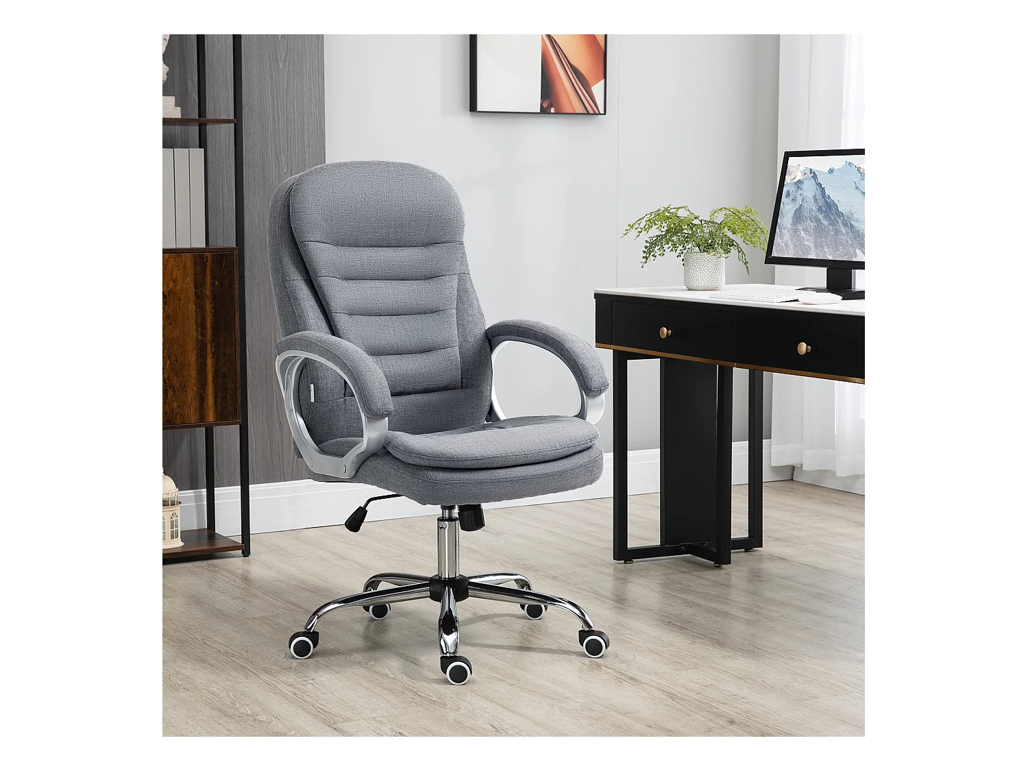 Ergonomische bureaustoel, verstelbare armleuningen, verstelbare hoogte, schommelfunctie, grijze linnen stof, afmetingen 64x75x111-121 cm
