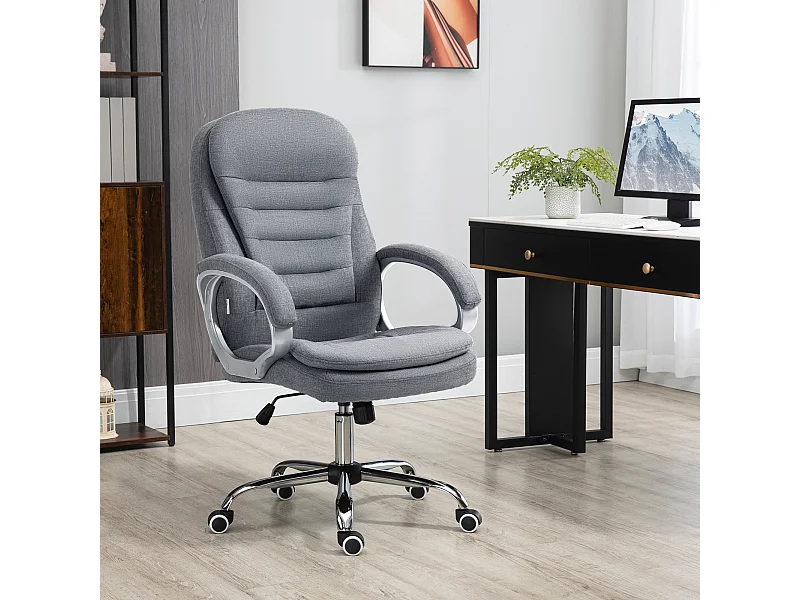 Fauteuil de bureau ergonomique, accoudoirs réglables, hauteur ajustable, fonction bascule, tissu lin gris, dimensions 64x75x111-121 cm