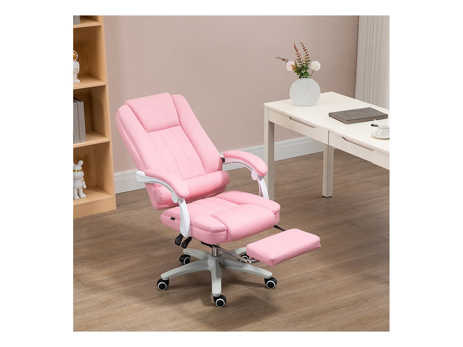 Fauteuil de bureau avec repose-pieds, fonction inclinable, roulettes, réglable en hauteur, simili cuir rose, idéal pour bureau ou home offic