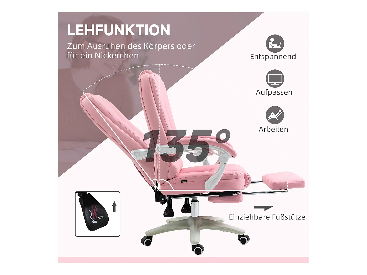 Fauteuil de bureau avec repose-pieds, fonction inclinable, roulettes, réglable en hauteur, simili cuir rose, idéal pour bureau ou home offic