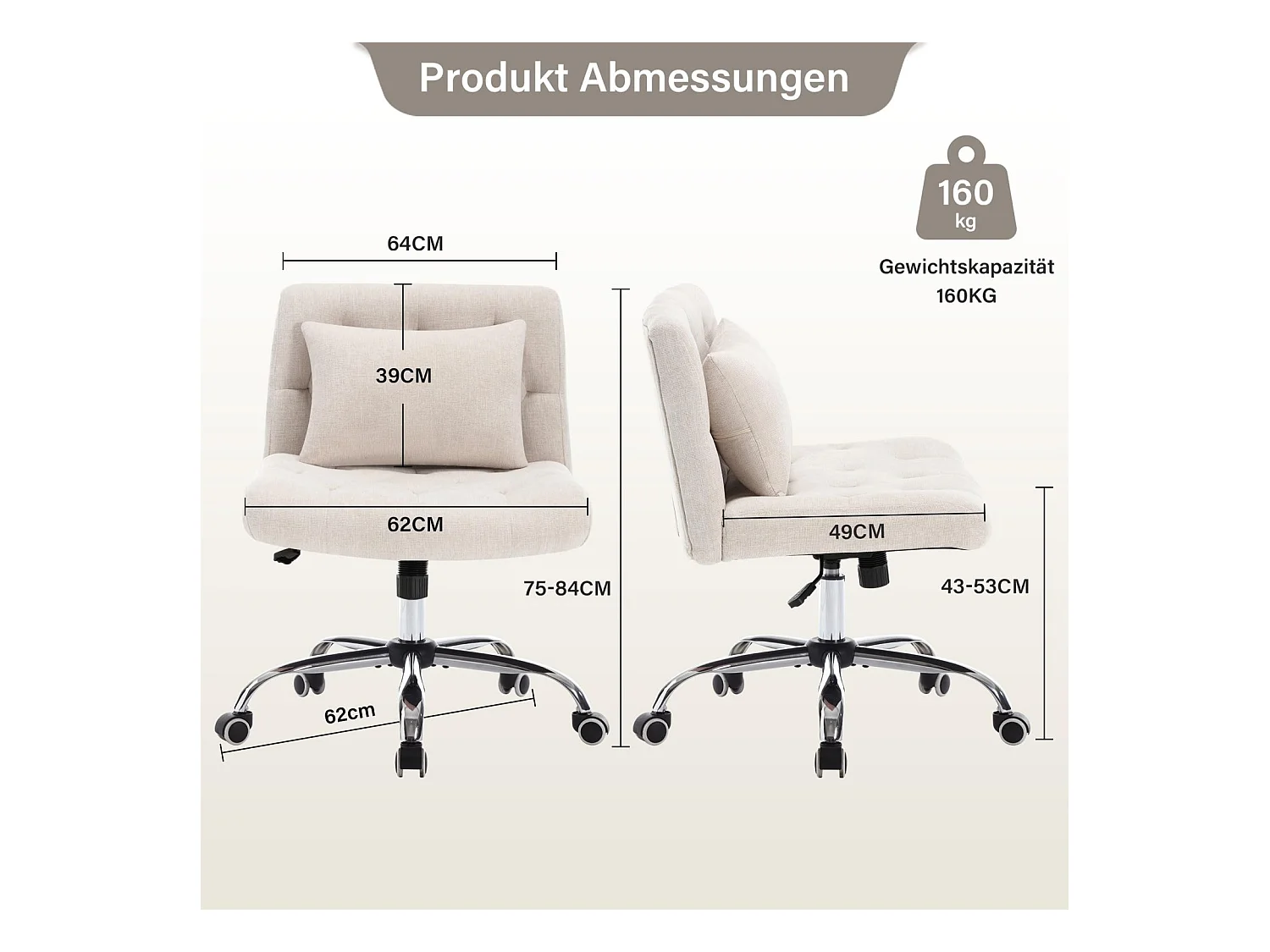 Chaise de bureau pivotante sans accoudoirs en lin avec coussin lombaire, siège avec roulettes pour chambre ou bureau, pour femmes, capacité 160 kg