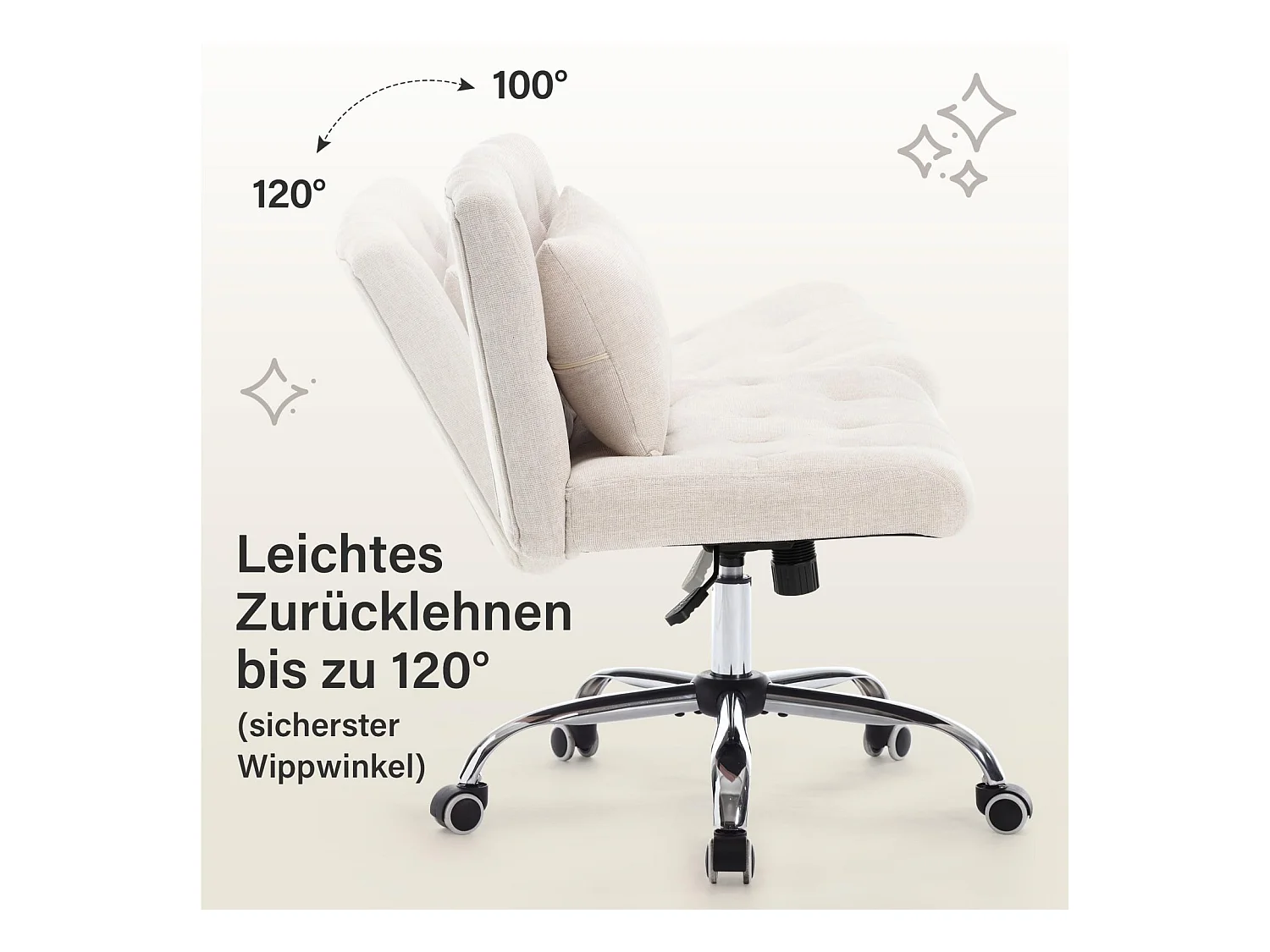 Chaise de bureau pivotante sans accoudoirs en lin avec coussin lombaire, siège avec roulettes pour chambre ou bureau, pour femmes, capacité 160 kg