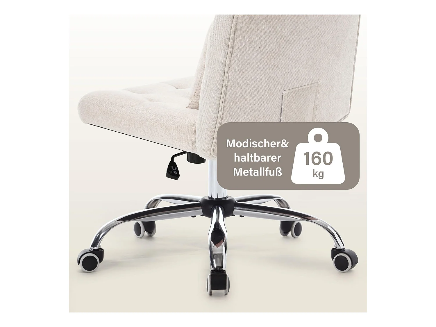 Chaise de bureau pivotante sans accoudoirs en lin avec coussin lombaire, siège avec roulettes pour chambre ou bureau, pour femmes, capacité 160 kg
