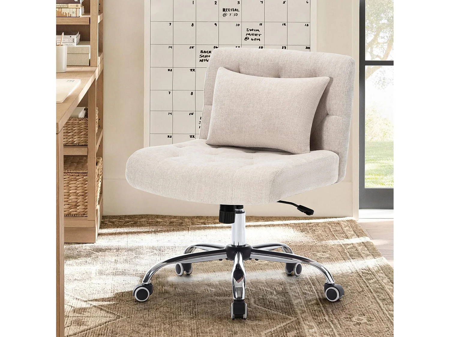 Chaise de bureau pivotante sans accoudoirs en lin avec coussin lombaire, siège avec roulettes pour chambre ou bureau, pour femmes, capacité 160 kg