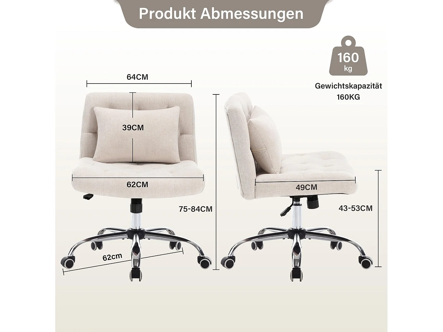 Chaise de bureau pivotante sans accoudoirs en lin avec coussin lombaire, siège avec roulettes pour chambre ou bureau, pour femmes, capacité 160 kg