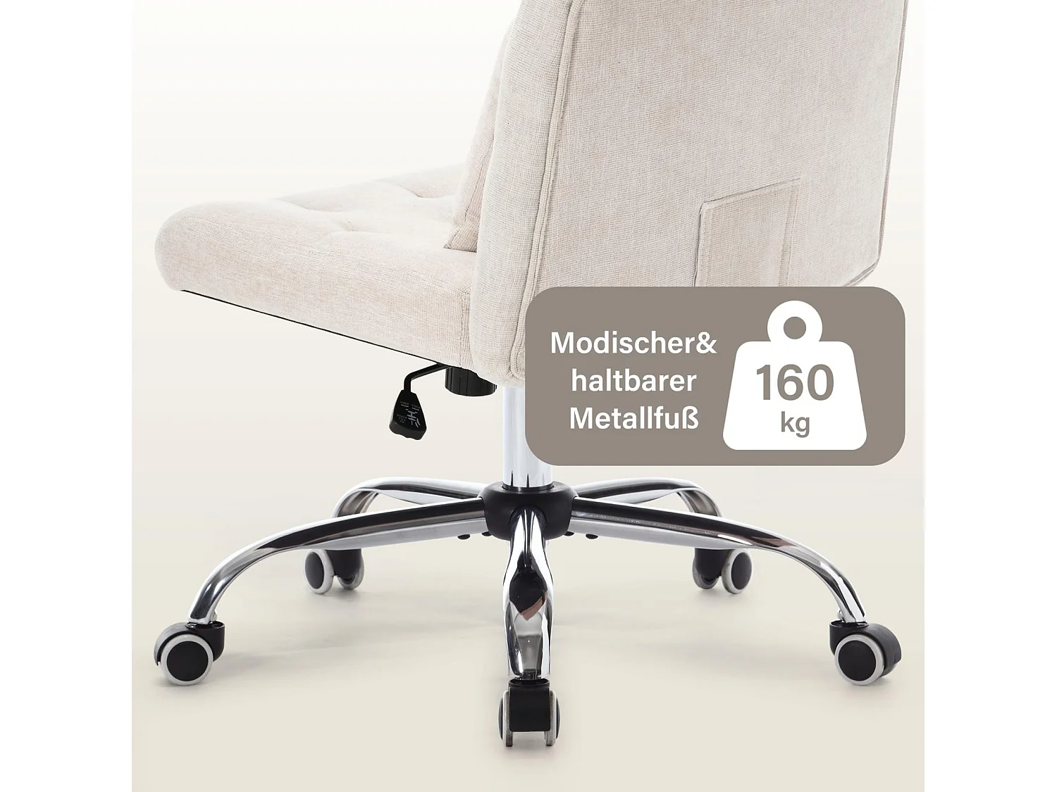 Chaise de bureau pivotante sans accoudoirs en lin avec coussin lombaire, siège avec roulettes pour chambre ou bureau, pour femmes, capacité 160 kg