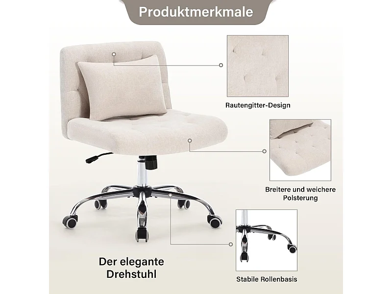 Chaise de bureau pivotante sans accoudoirs en lin avec coussin lombaire, siège avec roulettes pour chambre ou bureau, pour femmes, capacité 160 kg