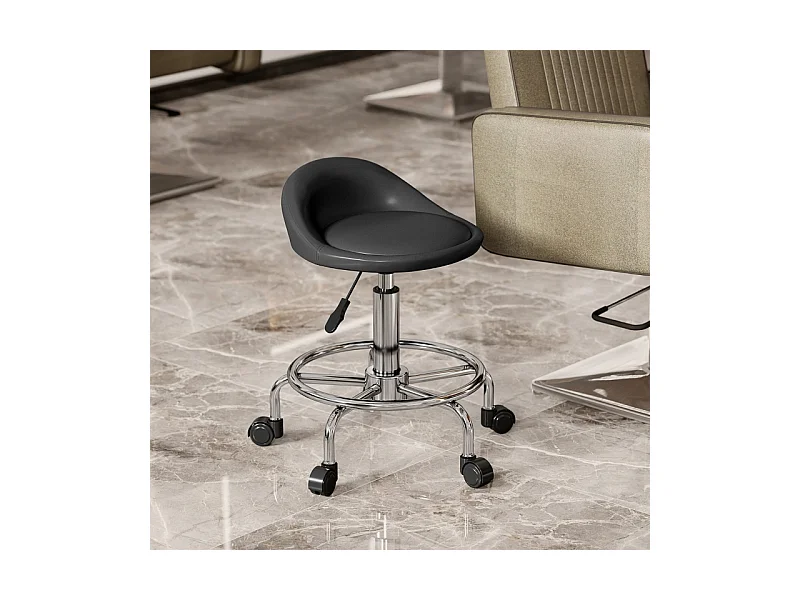 Tabouret à roulettes réglable avec dossier, pivotant 360°, hauteur 59-75 cm, siège ergonomique pour bureau, salon, massage, couleur noir