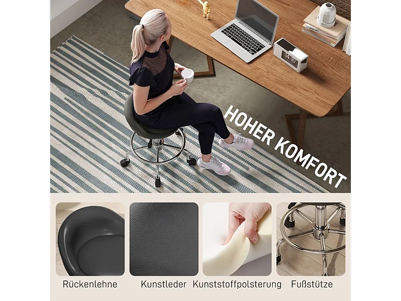Tabouret à roulettes réglable avec dossier, pivotant 360°, hauteur 59-75 cm, siège ergonomique pour bureau, salon, massage, couleur noir