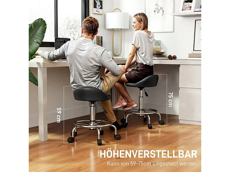 Tabouret à roulettes réglable avec dossier, pivotant 360°, hauteur 59-75 cm, siège ergonomique pour bureau, salon, massage, couleur noir