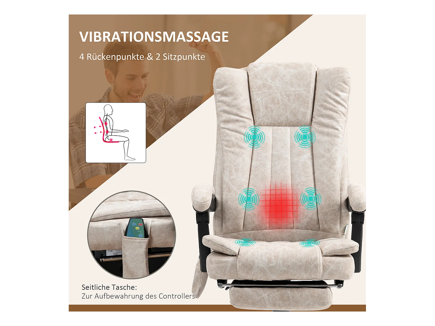 Fauteuil de bureau ergonomique avec massage et chauffage, réglable en hauteur, pivotant avec repose-pieds et poche latérale,