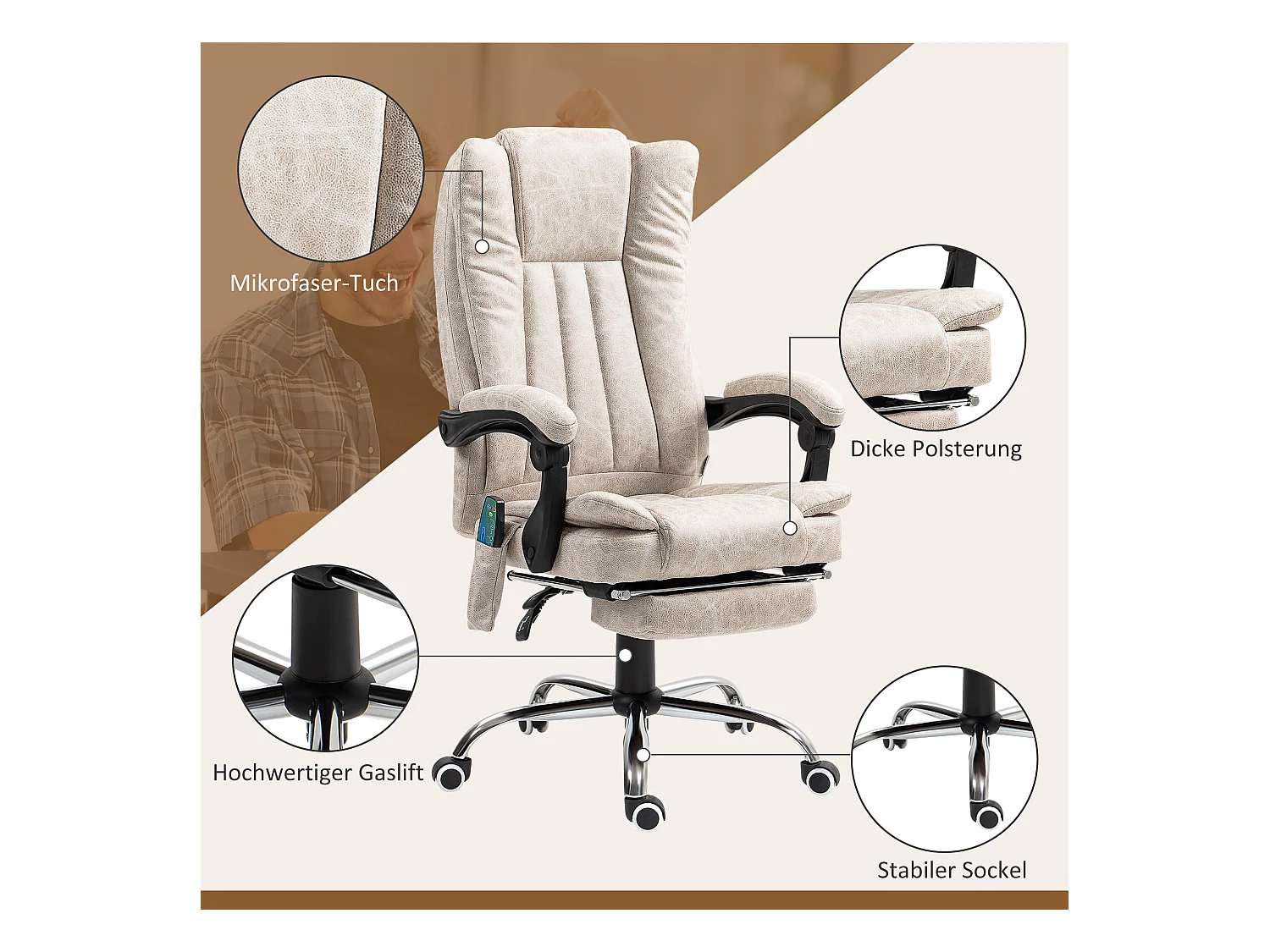 Fauteuil de bureau ergonomique avec massage et chauffage, réglable en hauteur, pivotant avec repose-pieds et poche latérale,