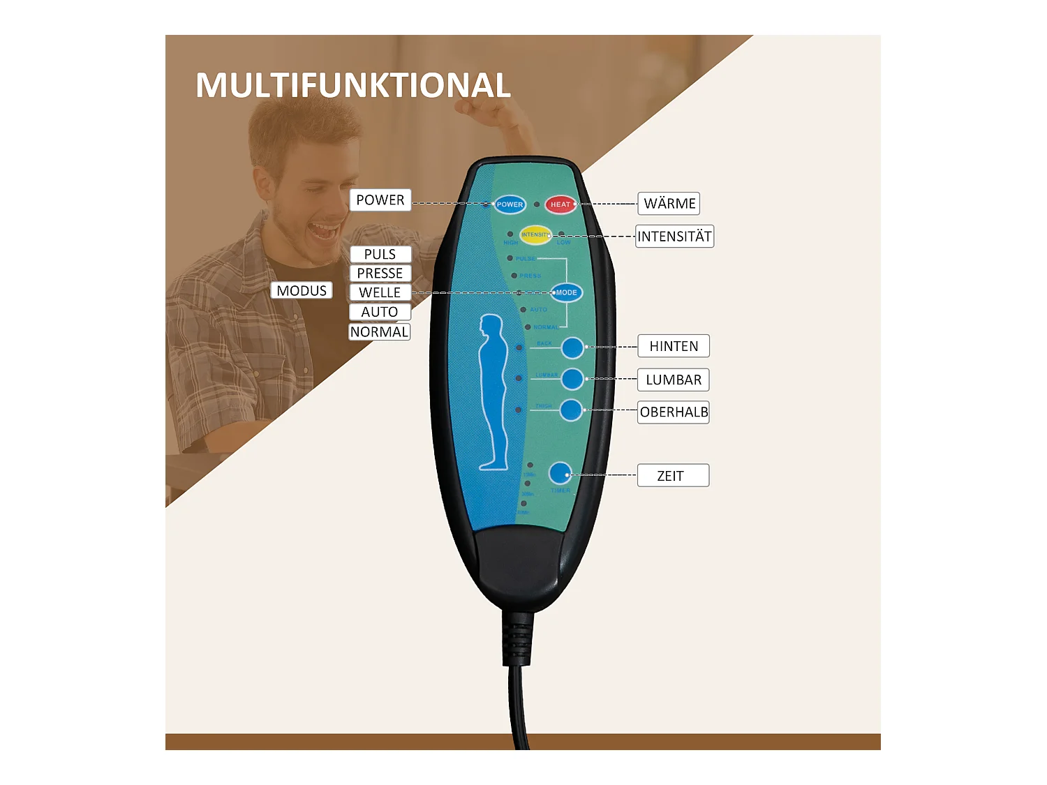 Fauteuil de bureau ergonomique avec massage et chauffage, réglable en hauteur, pivotant avec repose-pieds et poche latérale,