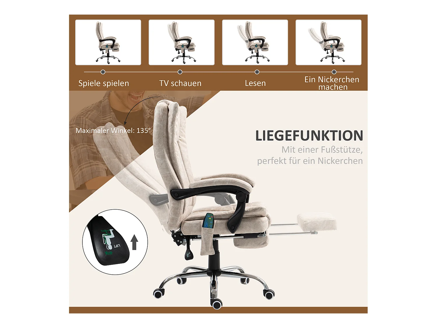 Fauteuil de bureau ergonomique avec massage et chauffage, réglable en hauteur, pivotant avec repose-pieds et poche latérale,