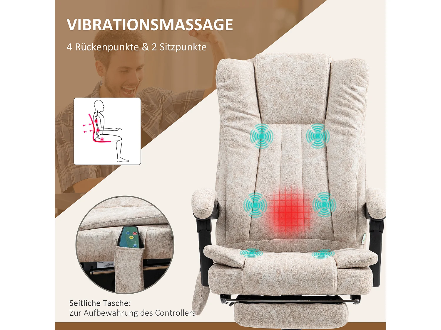 Cadeira de escritório ergonômica com massagem e aquecimento, altura ajustável, giratória com apoio para os pés e bolso lateral,