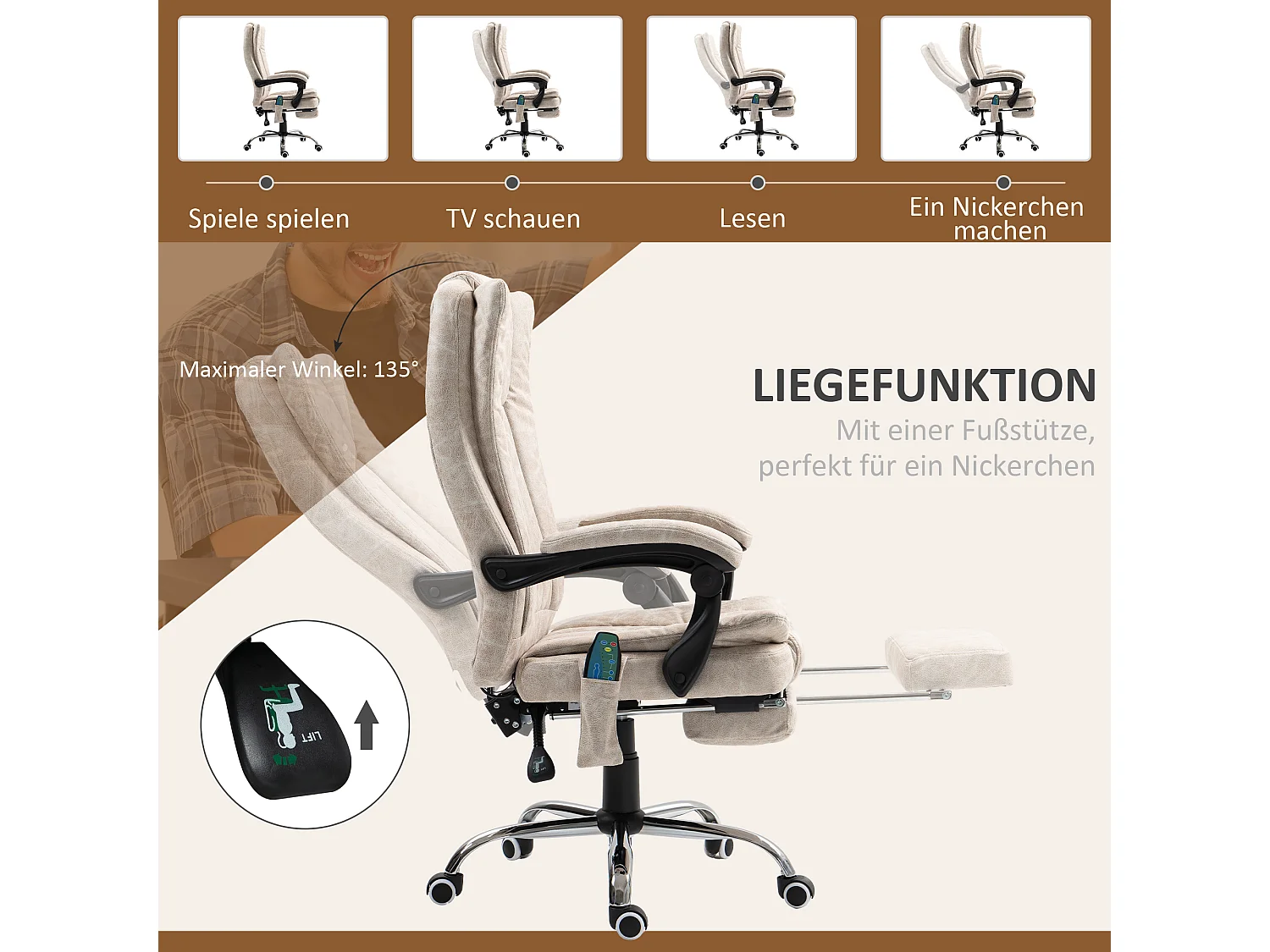 Cadeira de escritório ergonômica com massagem e aquecimento, altura ajustável, giratória com apoio para os pés e bolso lateral,