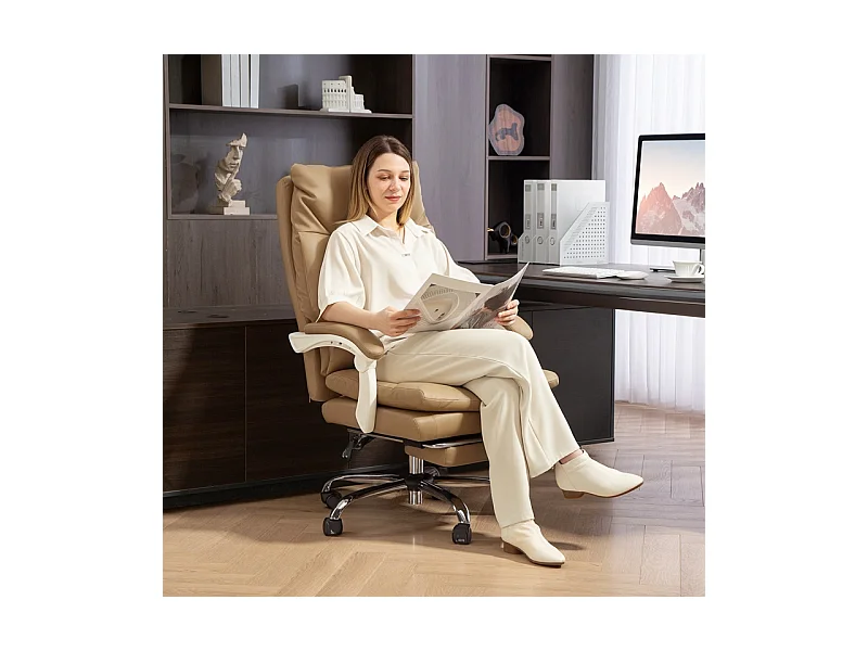 Chaise de bureau ergonomique avec soutien lombaire, accoudoirs rabattables et repose-pieds extensible, couleur beige clair, confortable et pratique