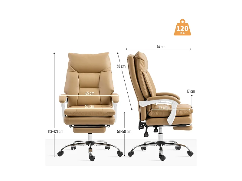 Chaise de bureau ergonomique avec soutien lombaire, accoudoirs rabattables et repose-pieds extensible, couleur beige clair, confortable et pratique