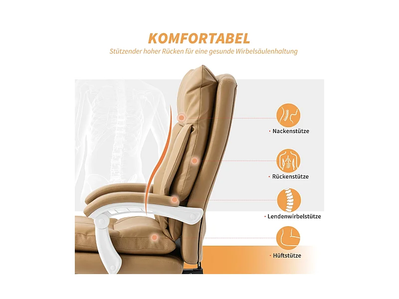 Chaise de bureau ergonomique avec soutien lombaire, accoudoirs rabattables et repose-pieds extensible, couleur beige clair, confortable et pratique