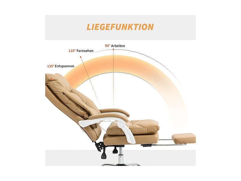 Chaise de bureau ergonomique avec soutien lombaire, accoudoirs rabattables et repose-pieds extensible, couleur beige clair, confortable et pratique