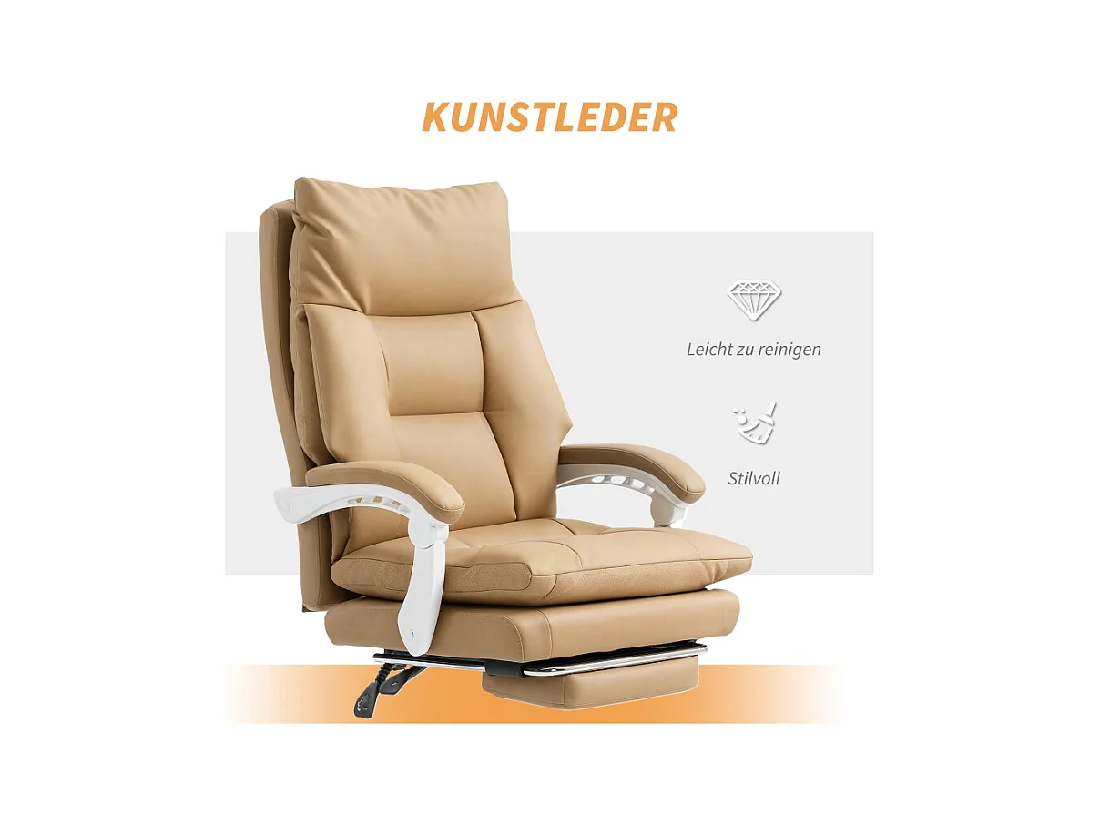 Ergonomische bureaustoel met lendensteun, opklapbare armleuningen en uitschuifbare voetensteun, lichtbeige kleur, comfortabel en praktisch