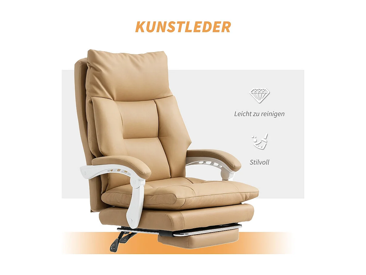 Chaise de bureau ergonomique avec soutien lombaire, accoudoirs rabattables et repose-pieds extensible, couleur beige clair, confortable et pratique