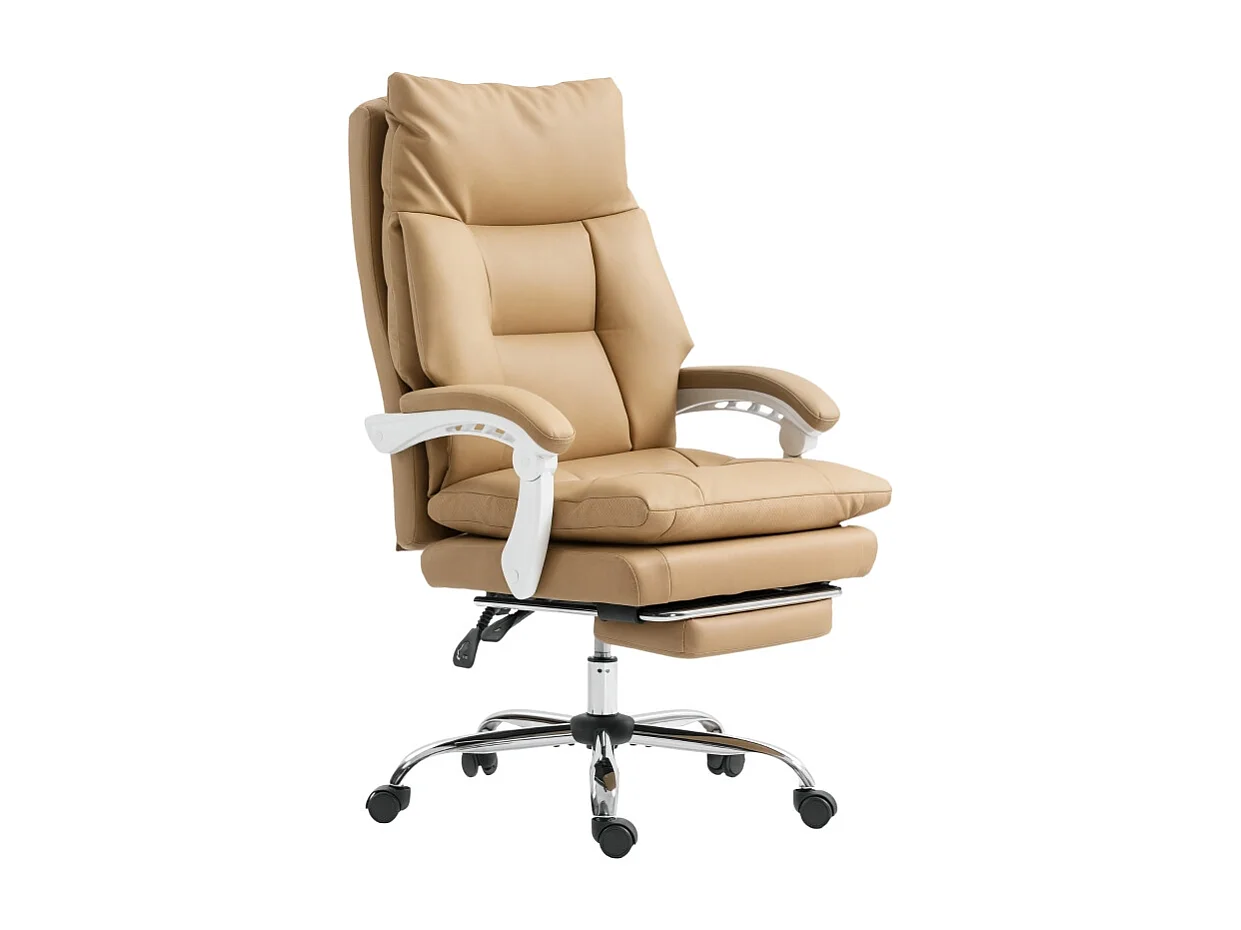 Chaise de bureau ergonomique avec soutien lombaire, accoudoirs rabattables et repose-pieds extensible, couleur beige clair, confortable et pratique