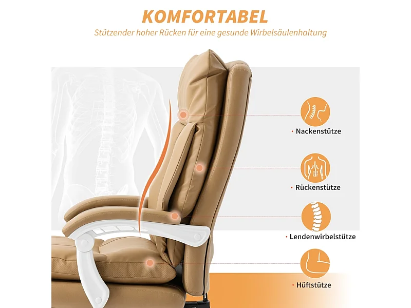 Chaise de bureau ergonomique avec soutien lombaire, accoudoirs rabattables et repose-pieds extensible, couleur beige clair, confortable et pratique