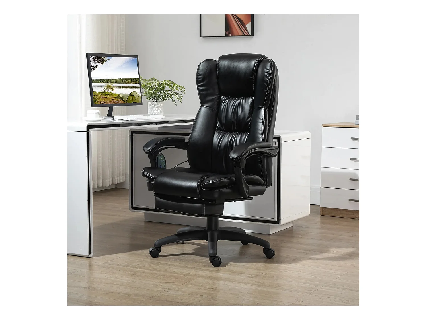 Bureaustoel met voetenbank en hoofdsteun, massage en trillingen, in hoogte verstelbaar, draaibaar, zwart, 68,5x68,5x119-127 cm