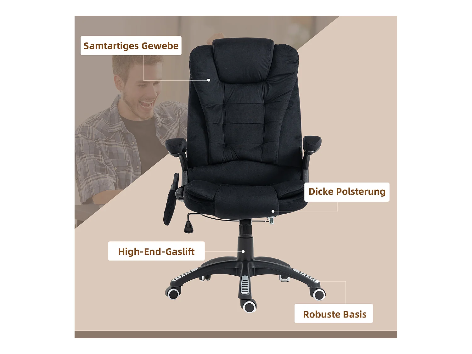 Fauteuil de bureau ergonomique avec massage et chauffage, réglable en hauteur, chaise de direction, supporte jusqu'à 120 kg, noir