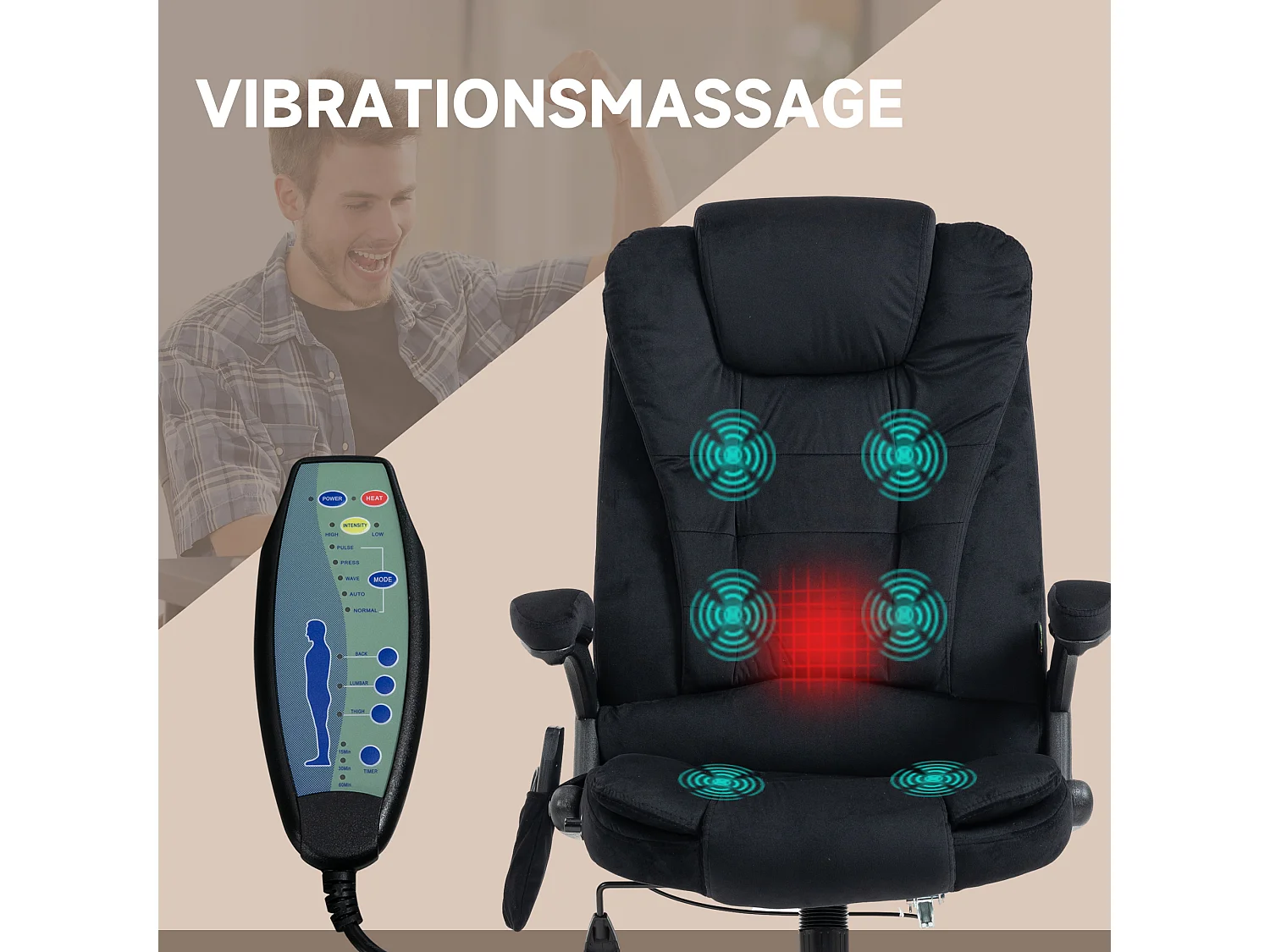 Fauteuil de bureau ergonomique avec massage et chauffage, réglable en hauteur, chaise de direction, supporte jusqu'à 120 kg, noir