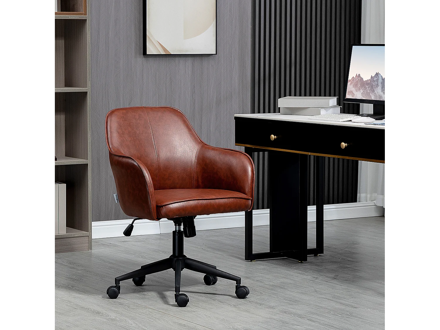 Fauteuil de bureau avec fonction bascule, réglable 93-101 cm, jusqu'à 120 kg, simili cuir marron, chaise d'ordinateur confortable et élégante